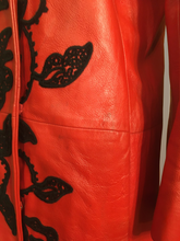 Load image into Gallery viewer, Vintage 70’s 80’s Embroidered Red Leather Coat Black Fox Fur Trim