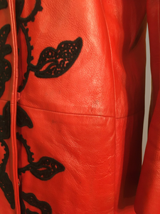 Vintage 70’s 80’s Embroidered Red Leather Coat Black Fox Fur Trim
