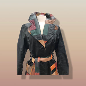 70’s Black Patchwork Leather Trench Coat Spy