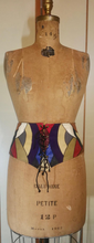 Load image into Gallery viewer, Leather Vintage Patchwork Cinch Corset Belt 70s Purple Red Blue Color Block Mosaic Small Extra Small Goth Hippy medium