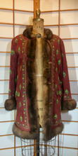 Load image into Gallery viewer, Vtg 70s Red Suede Coat Embroidered Mink Afghan Turkish Coat Carpet Tapestry Wooden Toggle 3/4 Length S/M/L Penny Lane Almost Famous Hippy