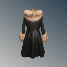 Load image into Gallery viewer, Vintage 70’s Leather Coat with Fox Fur Hood and Cuff Trim Princess Full Flare Skirt Rare OOAK 36/38 Bust Sargent Pepper Double Breasted