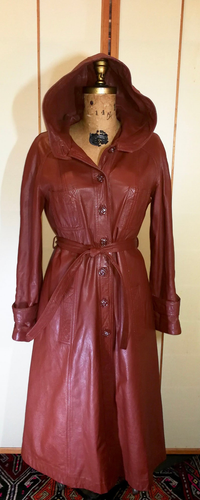 70s Hooded Reddish Brown Tan Leather Trench Duster Fit and Flare S/M