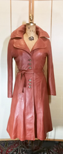 Load image into Gallery viewer, Rust Orange Cognac Color Soft Kid Leather Princess Fit and Flare Trench Spy Coat Wide Collar Classic 70s Small Petite