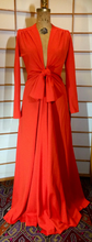 Load image into Gallery viewer, 1970s Plunging Red Dress &quot;Lady in Red&quot; Plunging Knotted Neckline Empire Dress M/L Made in Paris