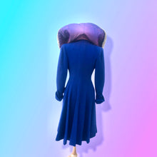 Load image into Gallery viewer, 40’s Vintage Cobalt Blue Fit Flare “New Look” Princess Full Skirt Coat with Massive Shearling Mouton Ombré Collar