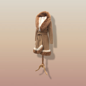 60’s Vintage Camel Coat  with Fur Trim Vicuna-Printed Fit Flare Wrap Style Wool Cashmere Blend