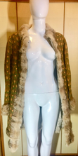 Load image into Gallery viewer, 70s Yellow Green Suede and Coyote Fur Hand Embroidered Floral Turkish Afghan Coat Penny Lane Almost Famous Boho Hippy M/L