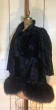 Load image into Gallery viewer, Vintage 60s Coat-- Velvet Genuine Fox Fur Black Swing or Princess Style Faux Persian Lamb Crystal Belt Pinup Mod S/M/L