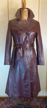 Load image into Gallery viewer, 70s Leather Trench Burgundy Brown Spy Double Breasted Zip In Warmth Liner Fit and Flare