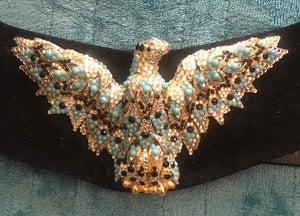 80S GLAM SWAROVSKI CRYSTAL Belt Cinch Wide Suede and Turquoise Stones Made in Australia Studio 54 Couture