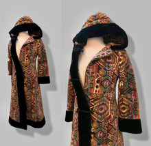 Load image into Gallery viewer, 60’s 70’s Vintage Carpet Coat Needlepoint Hooded Sherpa Trim Fit and Flare