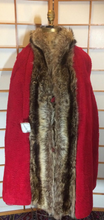 Load image into Gallery viewer, 60s 70s Red Leather Fur Trim Bonnie Cashin Saks Fifth Ave Hardware Buckle Large Extra Large Trench Coat Swing Plus Size Oversized