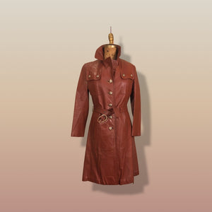 70’s Butterscotch Leather Trench Coat with Gold Detail Made in Israel