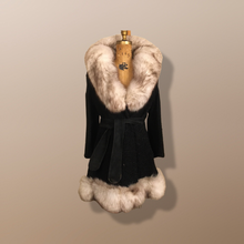 Load image into Gallery viewer, 60’s Vintage Black Karakul Persian Lamb and Silver Fox Fur Princess Coat Fit Flare Swarovski Crystal Belt