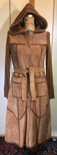 Load image into Gallery viewer, 70s Suede Hooded Coat Knitted Trench Duster Sweater Coat Medieval Hippy Boho Princess Tan Brown S/M Burning Man