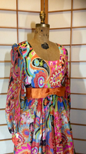 Load image into Gallery viewer, Vintage 70s Dress Maxi High Waisted Rainbow Paisley I Magnin Dress M Psychdelic Poet Sleeves