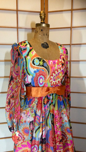 Vintage 70s Dress Maxi High Waisted Rainbow Paisley I Magnin Dress M Psychdelic Poet Sleeves