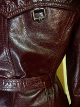 Load image into Gallery viewer, Vintage 70s Leather Coat Spy Trench Belted Fit and Flare Burgundy Oxblood Maroon Reddish Brown S/M