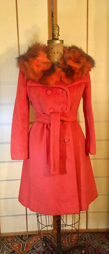 60s Vintage Orange Lilli Ann Coat Removable Fox Fur Collar Mohair Wool Double Breasted Princess Pinup mad men