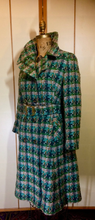 Load image into Gallery viewer, Mod Green Tweed Plaid Peacoat Coat--60s Knitted Wool Double Breasted Belted Removeable Fox Fur Coat S/M