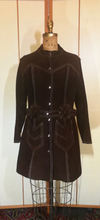 Load image into Gallery viewer, 70s Brown Suede Stitch Detail Tailored Jacket Coat S/M Trench Spy Boho Hippy Chic