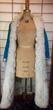 Load image into Gallery viewer, Suede and Shearling Lamb Turquoise Blue and White Embroidered Afghan Coat Almost Famous Hippy Chic Penny Lane S/M Beatles British Invasion!