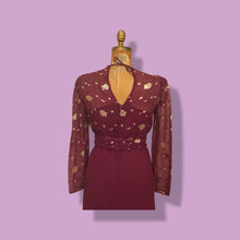Load image into Gallery viewer, 70’s 80’s Vintage Bergundy Purple Chiffon High Low Floral Dress Tassle Extra Belt