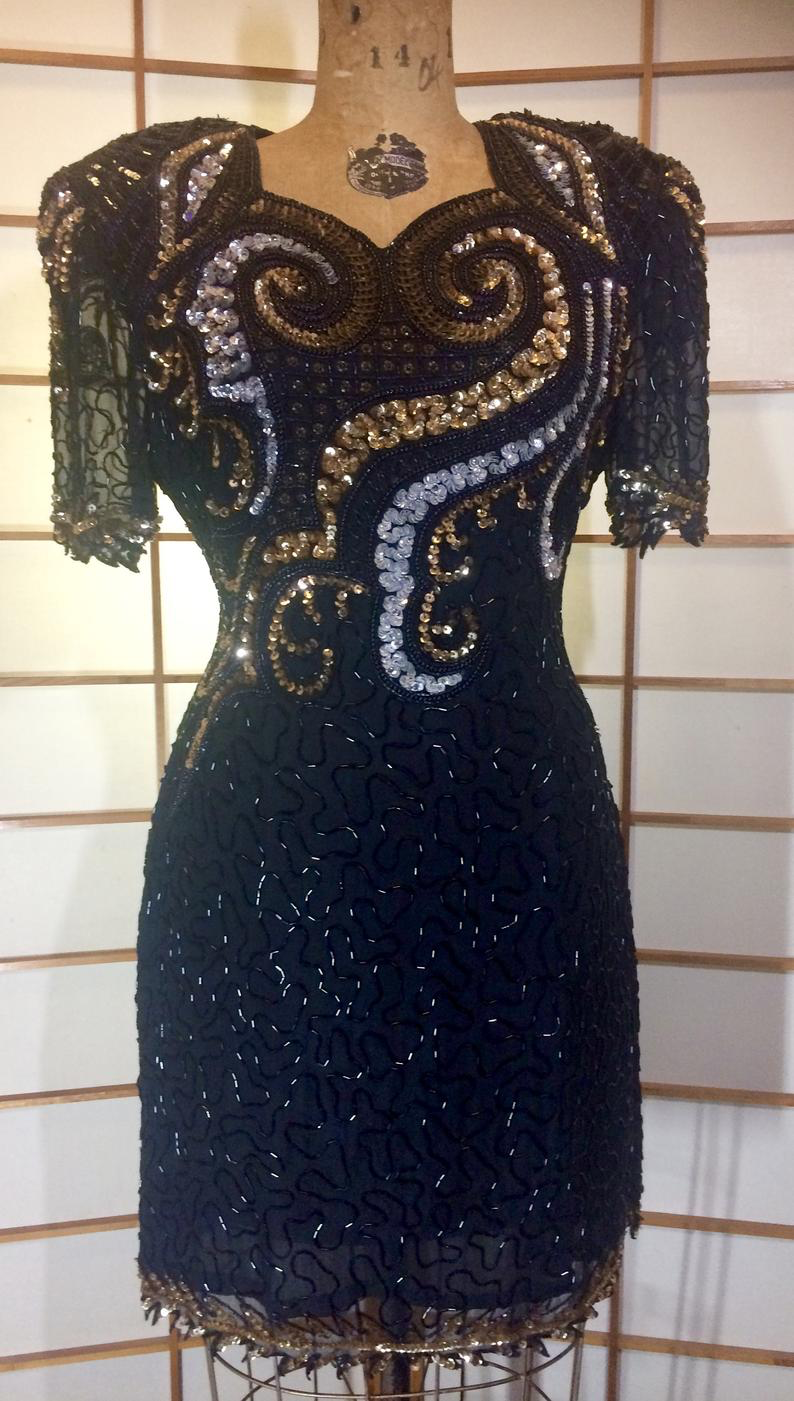 80s Dynasty Glam Silk Beaded Sequined Dress Gold and Black Sweetheart LilliAnnFashions 80s Dynasty Glam Silk Beaded Sequined Dress Gold and Black Sweetheart LilliAnnFashions
