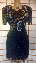 Load image into Gallery viewer, 80s Dynasty Glam Silk Beaded Sequined Dress Gold and Black Sweetheart Neckline Prom M/L