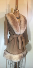 Load image into Gallery viewer, 70s Suede Sheepskin Shearling Tan Penny Lane Coat Princess Fit and Flare Almost Famous Small Medium Boho Hippy Bohemian