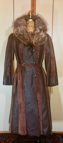 70s Suede and Leather Fur Trim Brown Trench Spy Coat Long Small Petite Boho Hippy Hippie Almost Famous Penny Lane Made in Canada Fit Flare