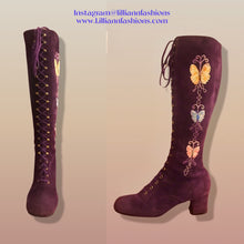 Load image into Gallery viewer, 70’s Purple Suede Gogo Hippy Boho Embroided Boots Rare size7.5/8 Lace Up Floral