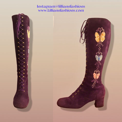 70’s Purple Suede Gogo Hippy Boho Embroided Boots Rare size7.5/8 Lace Up Floral