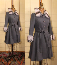 Load image into Gallery viewer, Vintage Coat Gray 60s Lilli Ann Wool with Soft Fur Trim, Classic Princess Style Fit Flare Career or Evening Out