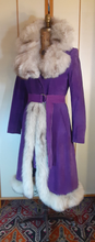 Load image into Gallery viewer, Vintage Women's Coat- Purple Suede 70s Silver Fox Fur Trimmed Princess Pinup Hippy Coat Afghan Penny Lane Almost Famous