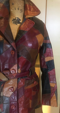 Load image into Gallery viewer, Vintage 70s Patchwork Mosaic Leather Duster/Trench/Coat Hippy S/XS Fit Flare Penny Lane Michael Kors Studio 54 Melania