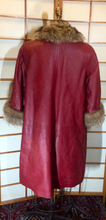 Load image into Gallery viewer, 60s 70s Red Leather Fur Trim Bonnie Cashin Saks Fifth Ave Hardware Buckle Large Extra Large Trench Coat Swing Plus Size Oversized