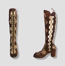 Load image into Gallery viewer, 60’s 70’s Gogo Gladiator Boots Size 7.5/8 Suede Brown Embroidered