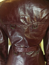 Load image into Gallery viewer, Vintage 70s Leather Coat Spy Trench Belted Fit and Flare Burgundy Oxblood Maroon Reddish Brown S/M