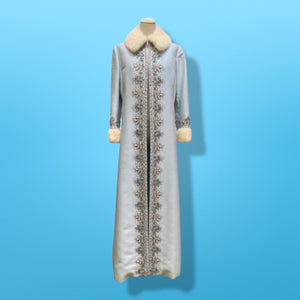 60’s “Jackie Kennedy Style” Full length Opera Gown Coat in Light Blue Hand Beaded Crystal and Ermine Mink Trim