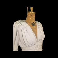 Load image into Gallery viewer, 80’s does 20’s Art Deco Chiffon Beaded Dress in Pearl Gray Fitted Waist full skirt