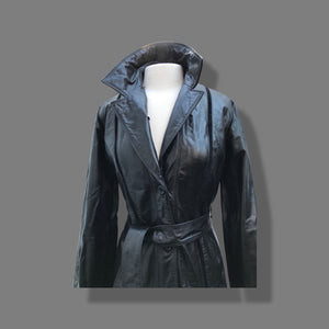 Black Montgomery Ward Leather Spy Trench with Suede Inserts