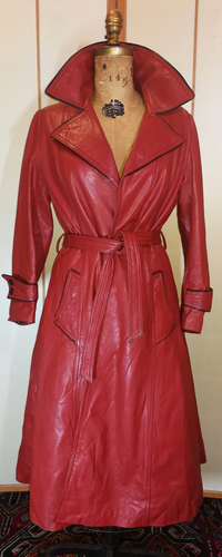 70s Red Soft Leather Coat Trench Spy Coat Black Piping Fit and Flare Princess Hippy Twiggy L/XL