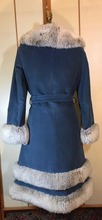 Load image into Gallery viewer, Vintage Coat-60s Blue Shearling and Wool Velvet/Velveteen Fit and Flare Princess Mod Boho Wrap Coat S/M/L Flexible Size