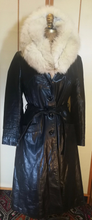 Load image into Gallery viewer, 70s Black Leather and Silver Fox Fur Collar Trench Spy Coat S/M Fit and Flare Princess