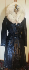 70s Black Leather and Silver Fox Fur Collar Trench Spy Coat S/M Fit and Flare Princess