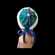 Load image into Gallery viewer, Himalayan Hat with Blonde Mink and Raw Silk Embroidered Peacock Crystal