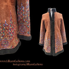Load image into Gallery viewer, Suede Embroidered Penny Coat with Sherpa