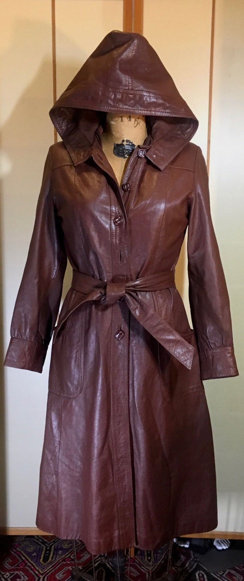 70s Leather Hooded Trench Spy Rain Fall Coat Reddish Brown Fit and